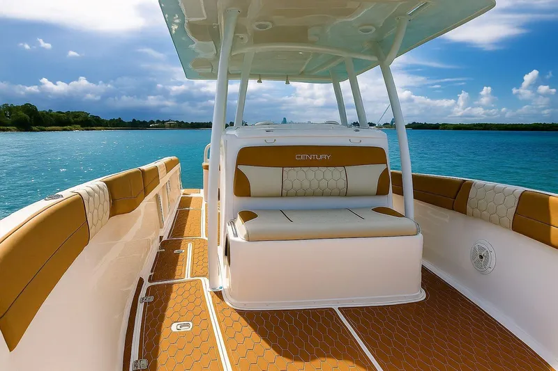  Yacht Photos Pics 2019 Century 3200 Center Console boat on calm blue water, featuring tan and white seating.