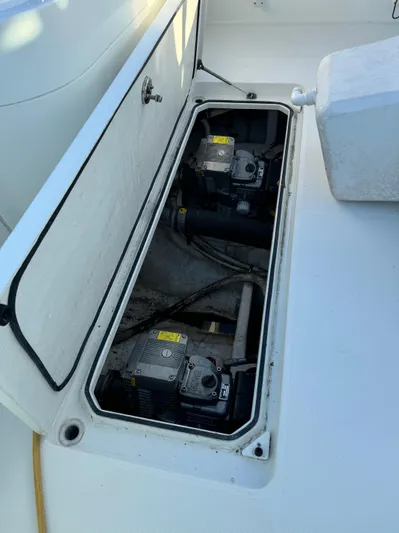  Yacht Photos Pics Engine compartment of 2011 Rampage 34 IPS boat, showing dual engines.