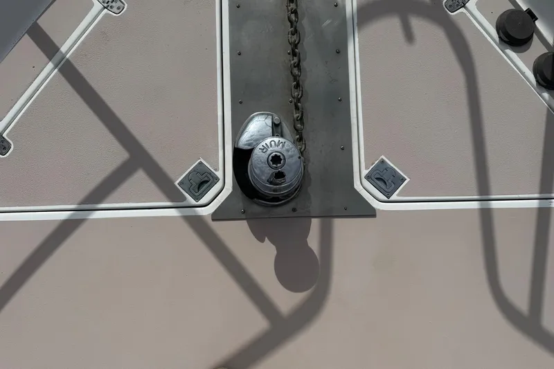 Pilgrim Yacht Photos Pics 2001 Legacy Soft Top boat deck with anchor chain and winch.