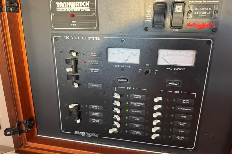 Pilgrim Yacht Photos Pics Control panel of a 2001 Legacy Soft Top, featuring a 120-volt AC system.