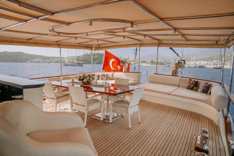  Yacht Photos Pics Luxurious 30m custom gulet deck with seating, dining area, and Turkish flag, 2005 model.