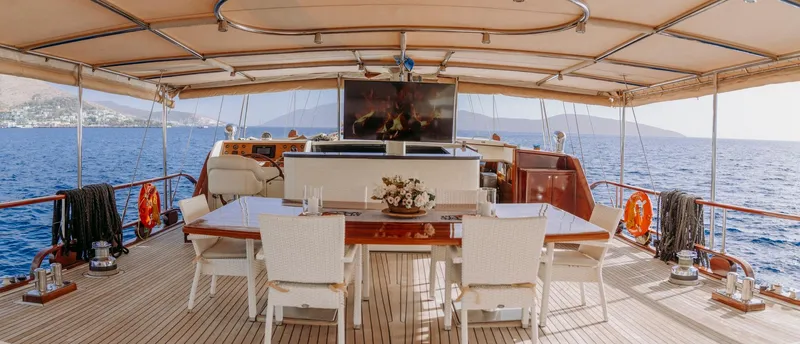  Yacht Photos Pics Luxurious 2005 custom-made gulet yacht deck with dining area and ocean view.