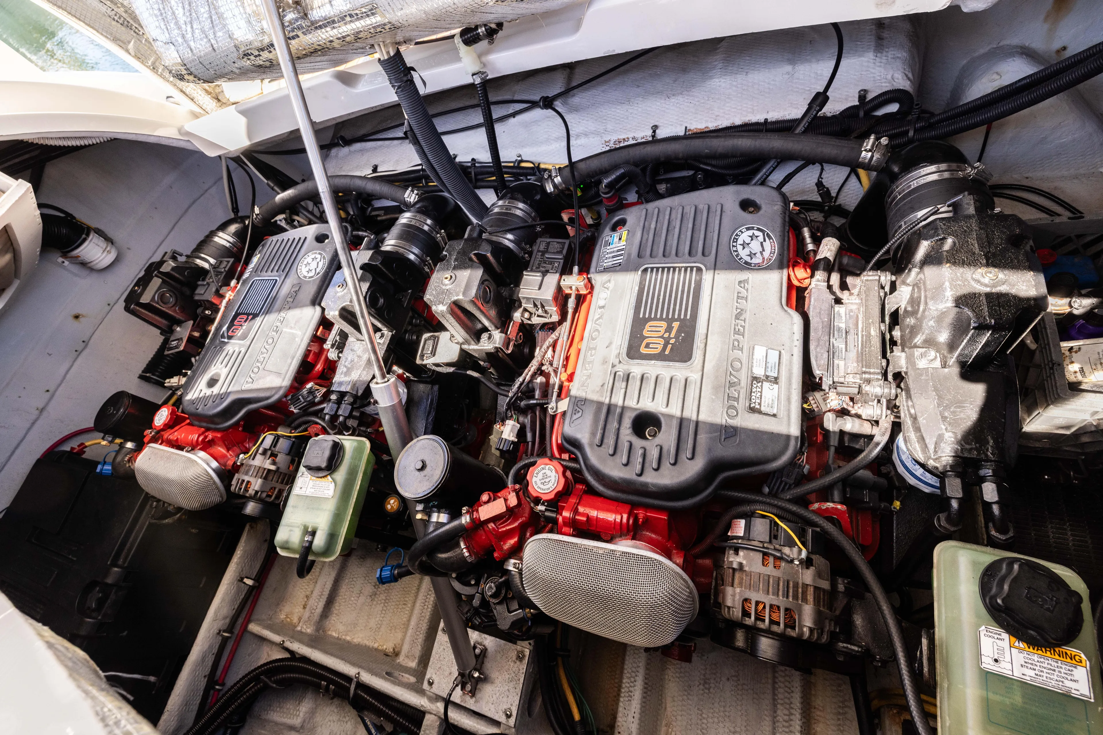 Zingaro Yacht Photos Pics Engine compartment of a 2007 Chris Craft Corsair boat with Volvo Penta engines.