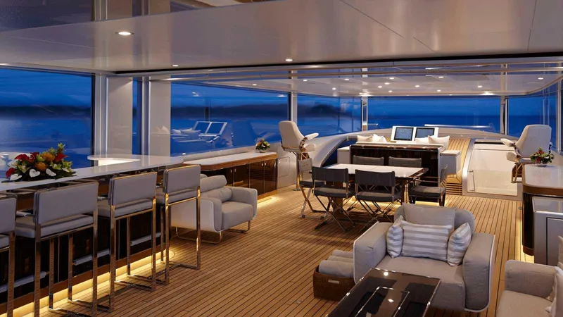 Excellence V Yacht Photos Pics Luxurious interior of 2014 Feadship EXCELLENCE V yacht with elegant seating and bar area.
