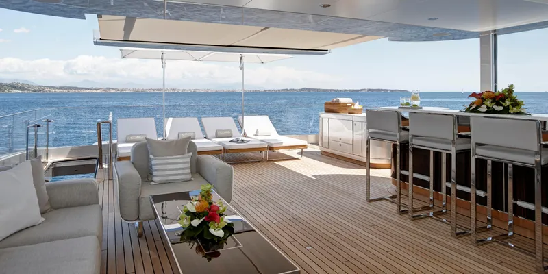 Excellence V Yacht Photos Pics Luxurious deck of 2014 Feadship EXCELLENCE V yacht with seating and ocean view.