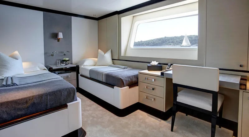 Excellence V Yacht Photos Pics Luxurious twin cabin interior on 2014 Feadship EXCELLENCE V yacht with scenic window view.