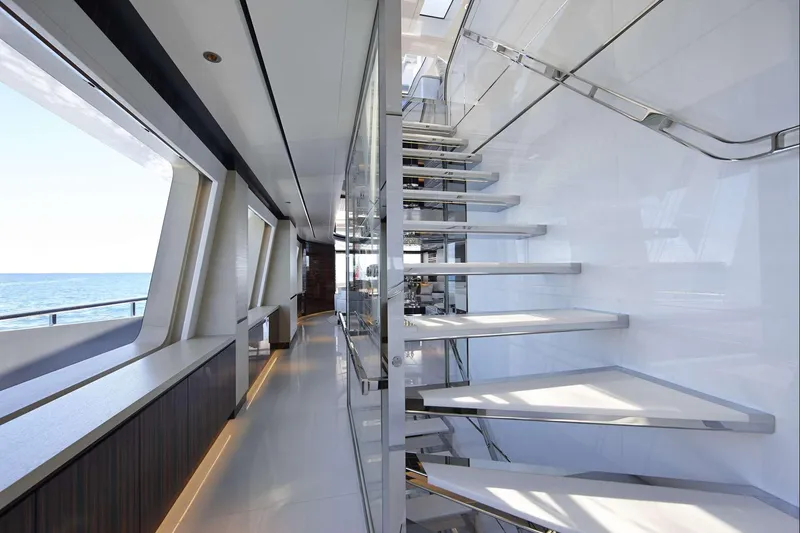 Excellence V Yacht Photos Pics Modern interior of 2014 Feadship EXCELLENCE V yacht with sleek staircase and ocean view.
