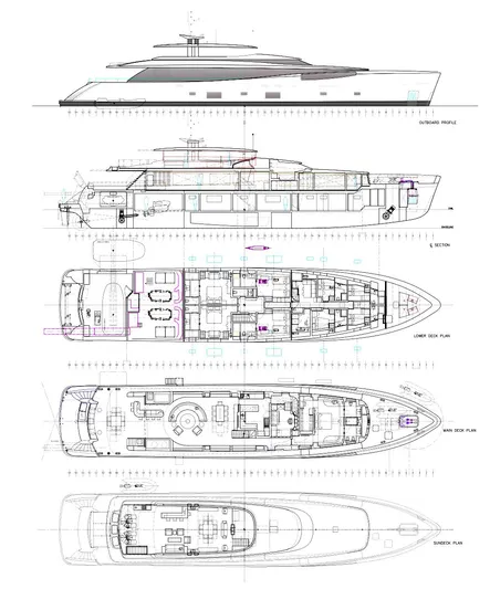 Excellence V Yacht Photos Pics Blueprint of 2014 Feadship EXCELLENCE V yacht, showcasing detailed deck layouts and side profile.