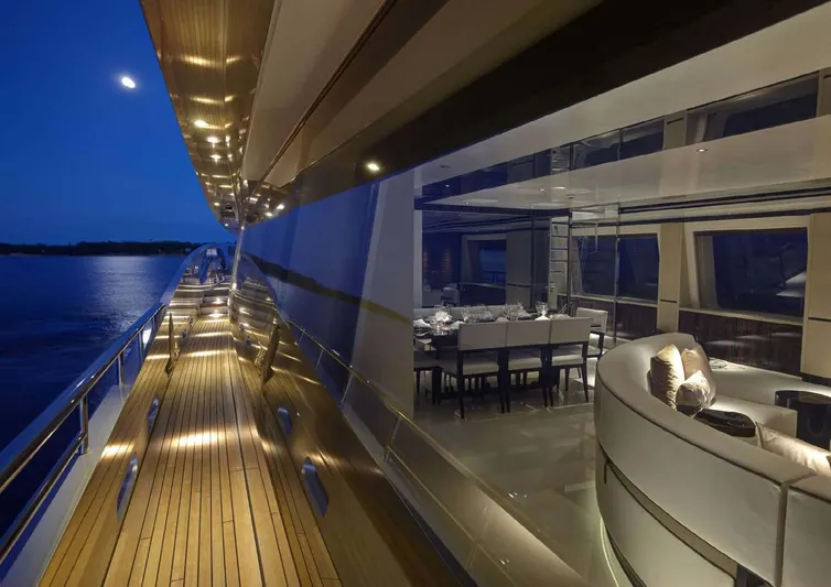 Excellence V Yacht Photos Pics Luxurious Feadship EXCELLENCE V yacht deck at night, 2014 model, elegant interior view.