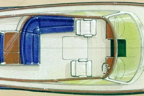 Firefly Yacht Photos Pics Top view of 2003 Hinckley T29R boat interior layout with seating arrangement.