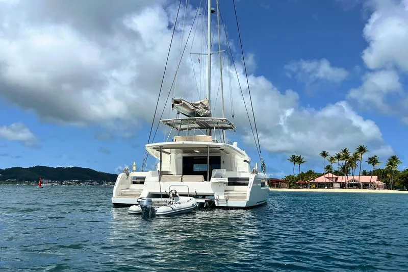 Dignity Yacht Photos Pics 2021 Lagoon 50 catamaran anchored near tropical island with palm trees and clear blue sky.