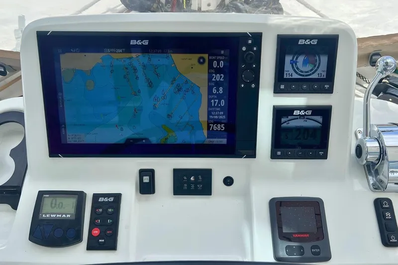 Dignity Yacht Photos Pics Navigation dashboard of 2021 Lagoon 50 catamaran with B&G instruments and controls.