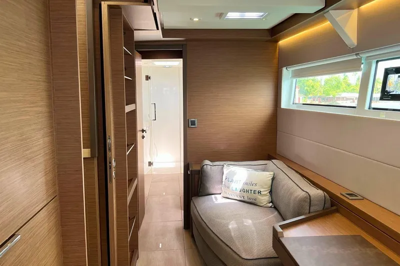 Dignity Yacht Photos Pics Interior of 2021 Lagoon 50 yacht with cozy seating and modern design.