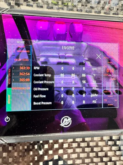  Yacht Photos Pics 2019 Nor-Tech 390 Sport Center Console engine display showing RPM, coolant, and oil pressure.