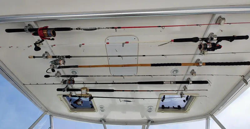 St Mary Yacht Photos Pics Fishing rods stored on a 2008 Tiara Yachts 3200 Open ceiling rack.