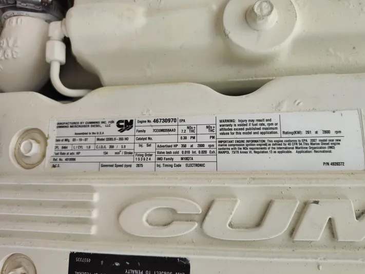 St Mary Yacht Photos Pics Engine label on a 2008 Tiara Yachts 3200 Open, displaying specifications and warnings.