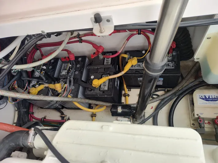St Mary Yacht Photos Pics Engine compartment of 2008 Tiara Yachts 3200 Open, showing batteries and wiring.