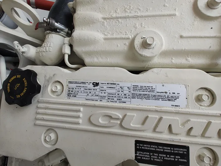 St Mary Yacht Photos Pics Engine compartment of a 2008 Tiara Yachts 3200 Open, featuring a Cummins engine label.