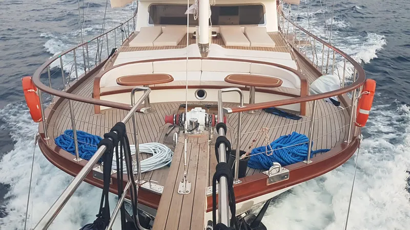  Yacht Photos Pics Custom 2017 GULET yacht deck with ropes and lifebuoys on the ocean.