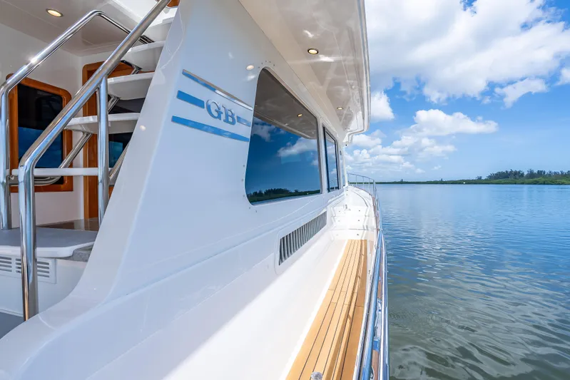 Escape Yacht Photos Pics 2022 Grand Banks GB60 Skylounge yacht on calm water under a blue sky.