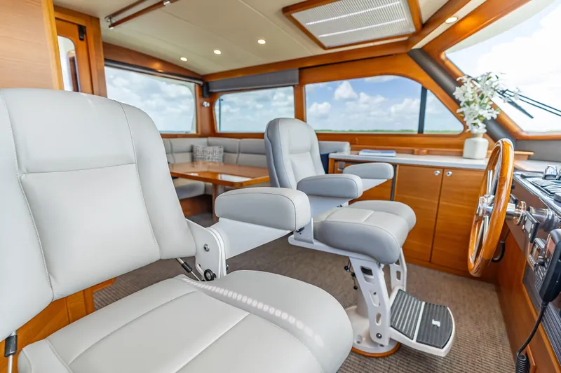 Escape Yacht Photos Pics Luxurious interior of 2022 Grand Banks GB60 Skylounge yacht with plush seating and elegant design.