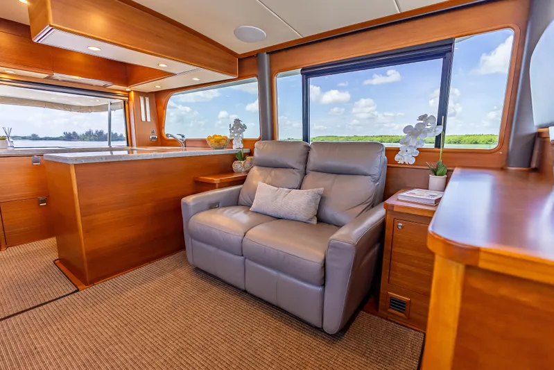 Escape Yacht Photos Pics Luxurious interior of 2022 Grand Banks GB60 Skylounge with plush seating and scenic views.