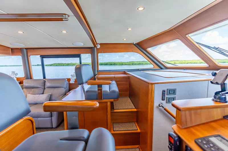 Escape Yacht Photos Pics Luxurious interior of 2022 Grand Banks GB60 Skylounge yacht with panoramic windows.