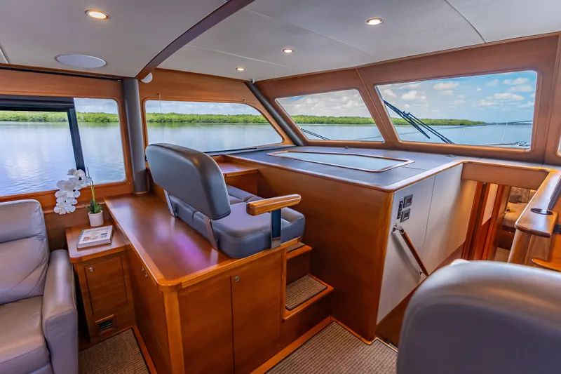 Escape Yacht Photos Pics Luxurious interior of 2022 Grand Banks GB60 Skylounge yacht with panoramic windows and elegant seating.