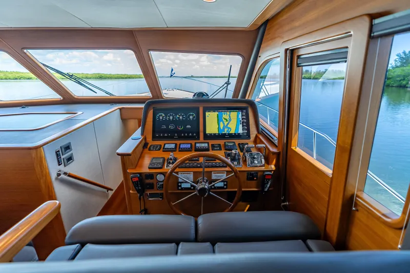 Escape Yacht Photos Pics 2022 Grand Banks GB60 Skylounge helm with navigation screens and panoramic windows.