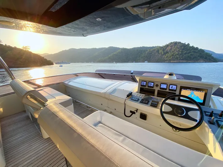 Dolly Yacht Photos Pics Luxurious 2015 Dominator 800 yacht helm with scenic ocean view at sunset.