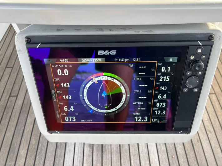 Serendipity Yacht Photos Pics B&G navigation display on 2013 Beneteau Oceanis 45 sailboat, showing speed and heading data.