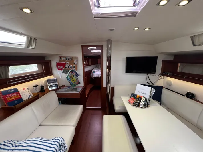 Serendipity Yacht Photos Pics Interior of 2013 Beneteau Oceanis 45 yacht with modern furnishings and natural light.