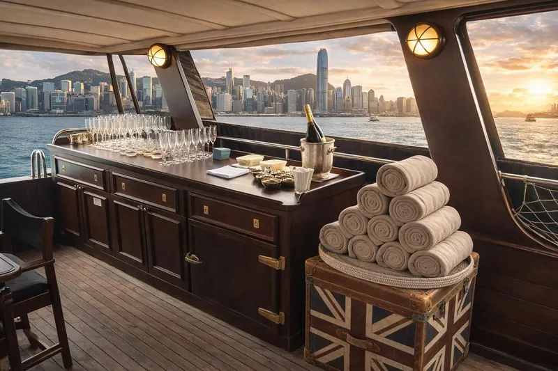 Gaiole Yacht Photos Pics Luxurious yacht interior with bar setup, overlooking city skyline at sunset.