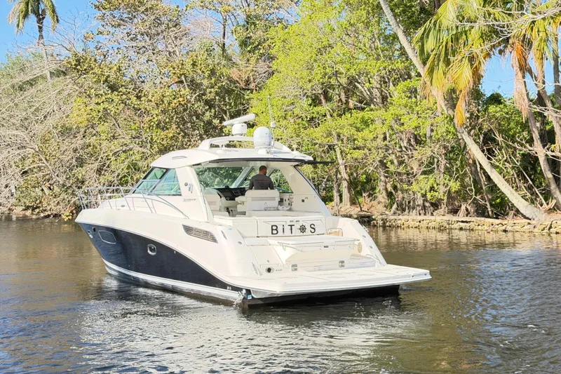  Yacht Photos Pics 2011 Sea Ray 450 Sundancer yacht cruising on a serene river, surrounded by lush greenery.