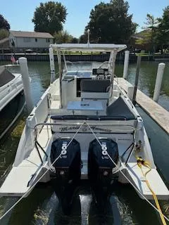  Yacht Photos Pics 2023 Beneteau Flyer 9 SUNdeck with dual Yamaha V8 engines docked in a marina.