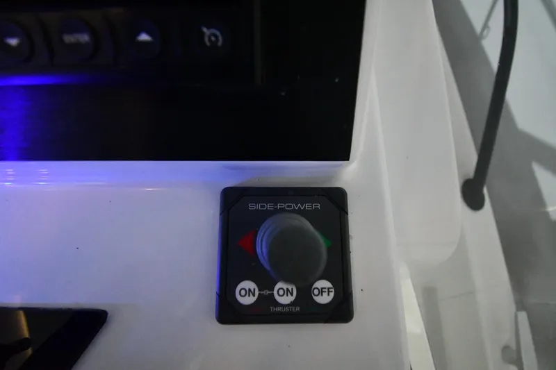  Yacht Photos Pics Control panel on 2023 Beneteau Flyer 9 SUNdeck boat, featuring Side-Power thruster switch.