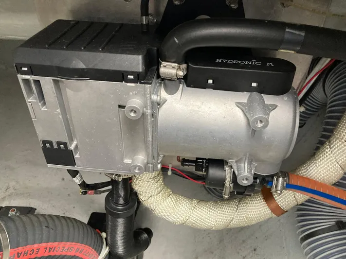 Vela Yacht Photos Pics Engine component of a 2018 Lagoon 42 catamaran, featuring a Hydronic PA system.
