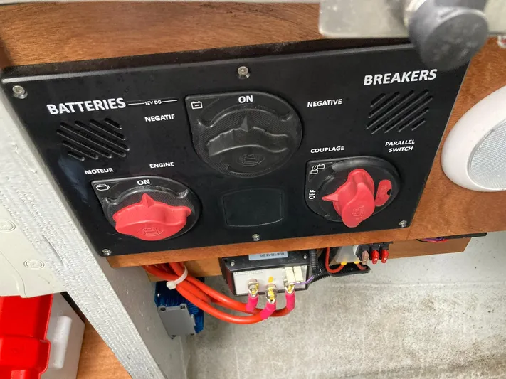 Vela Yacht Photos Pics Control panel of a 2018 Lagoon 42 boat, featuring battery and breaker switches.
