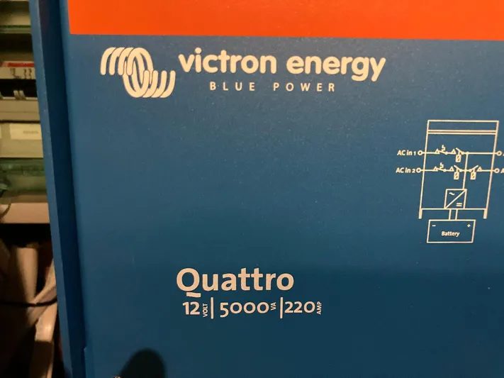 Vela Yacht Photos Pics Victron Energy Quattro inverter on Lagoon 42, 2018 model, showing specifications and diagram.