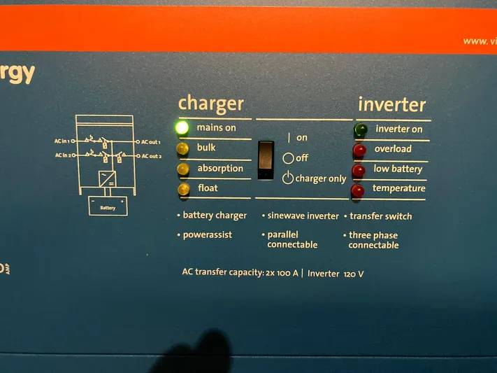 Vela Yacht Photos Pics Control panel of a Lagoon 42, 2018 model, showing charger and inverter status indicators.