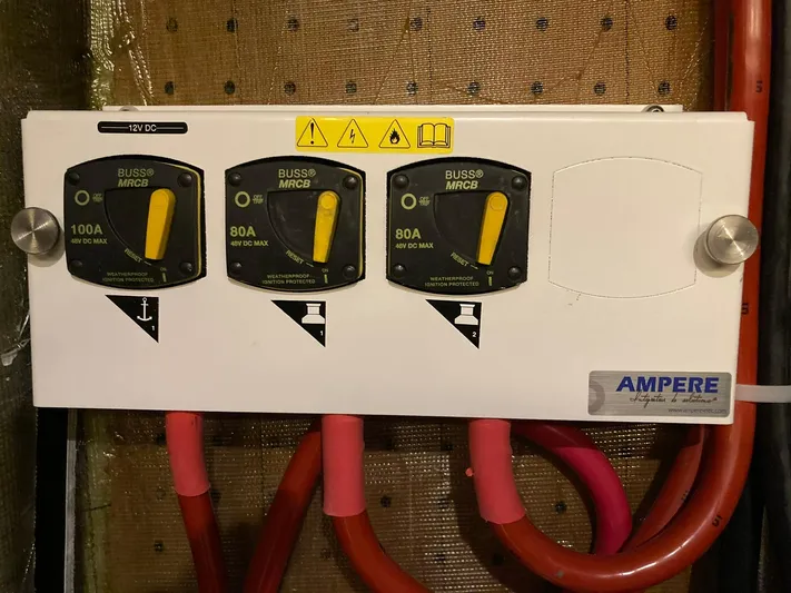 Vela Yacht Photos Pics Electrical panel with circuit breakers on a 2018 Lagoon 42 boat.