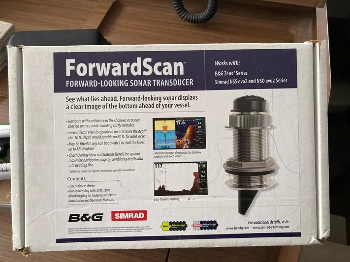 Vela Yacht Photos Pics ForwardScan sonar transducer box for B&G and Simrad systems, enhancing underwater navigation.