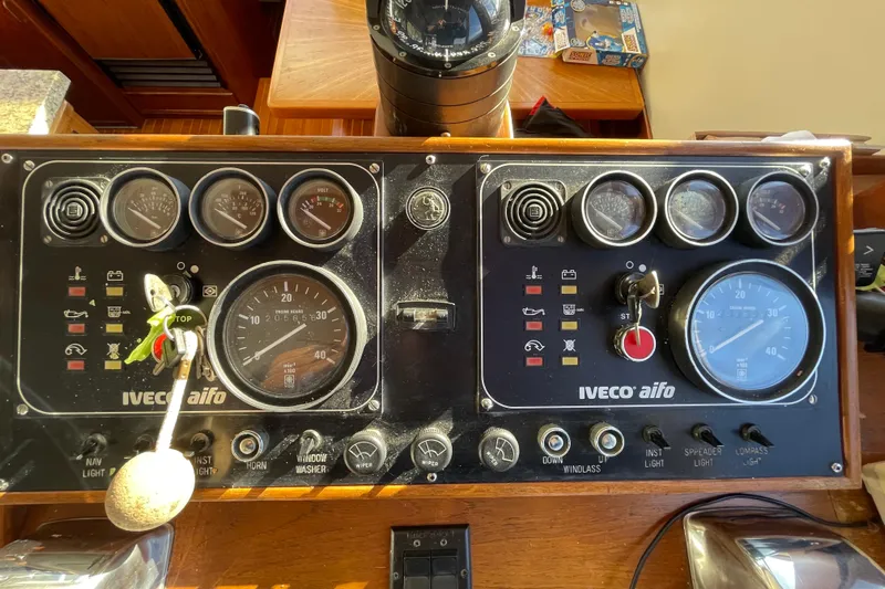 Hasta La Vista Yacht Photos Pics Control panel of a 1997 Symbol 48 Sportfish boat with Iveco Aifo gauges.