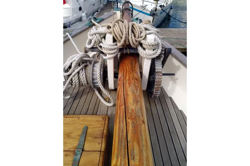 Martha Primrose Yacht Photos Pics Wooden deck of Custom Mayflower 50 boat with ropes and winch, 2012 model.