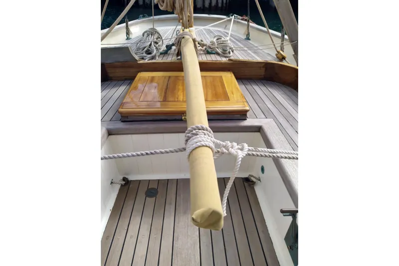 Martha Primrose Yacht Photos Pics Custom Mayflower 50 sailboat deck with wooden hatch and rigging, 2012 model.