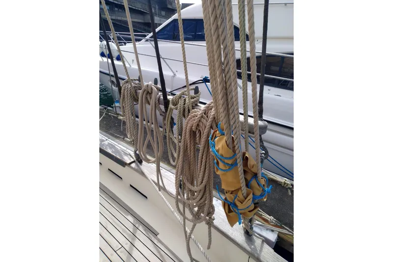 Martha Primrose Yacht Photos Pics Ropes and rigging on a 2012 Custom Mayflower 50 sailboat deck.