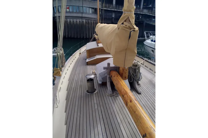 Martha Primrose Yacht Photos Pics Deck of 2012 Custom Mayflower 50 sailboat with covered mast and wooden details.