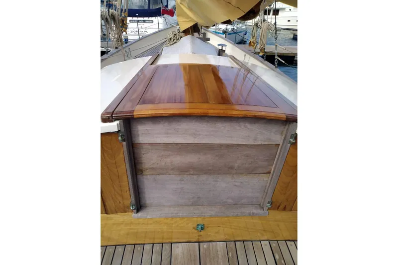 Martha Primrose Yacht Photos Pics Custom Mayflower 50 sailboat deck with polished wood finish, 2012 model.