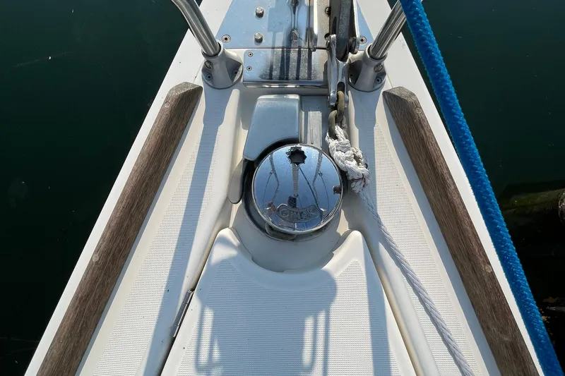 Jaacktak Yacht Photos Pics Bow of 2004 Dufour 40 Performance sailboat with anchor winch and ropes.