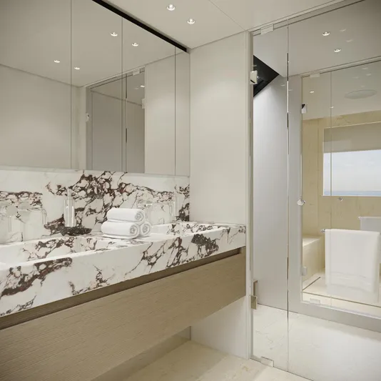 Yacht Photos Pics Luxurious bathroom on 2026 Sanlorenzo SD118 yacht with marble countertop and modern fixtures.